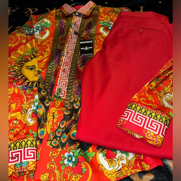 MATCHING MEN SET: Barabas M Shirt, Men Red Slacks 32/32, Mens Dress Shoes Size 9 - Picture 2 of 14